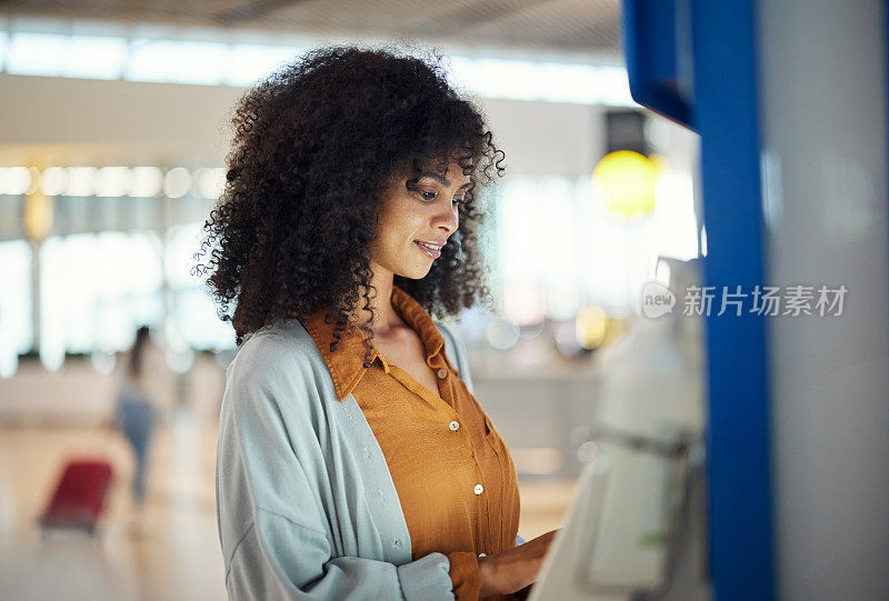 Black woman, airport and self service kiosk for ticket, registration or online boarding pass. African American female traveler by terminal machine for travel application, document or booking flight